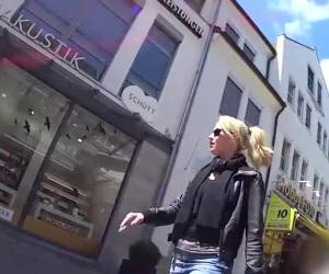 Sexy Blonde walks outside with her sunglasses full of sperm